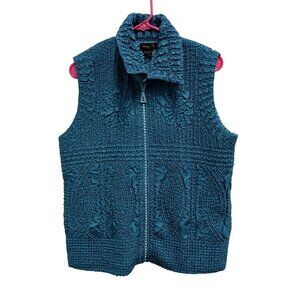 Jerry T Womens Rhinestone Zipper Vest Small Teal Crinkle Lightweight Silky
